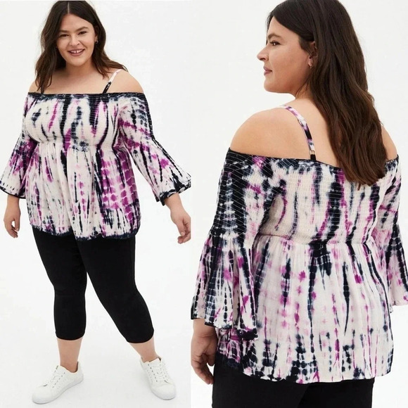 Torrid | Babydoll Cold Shoulder Top Smocked Bell Sleeves Rayon - Picture 1 of 9
